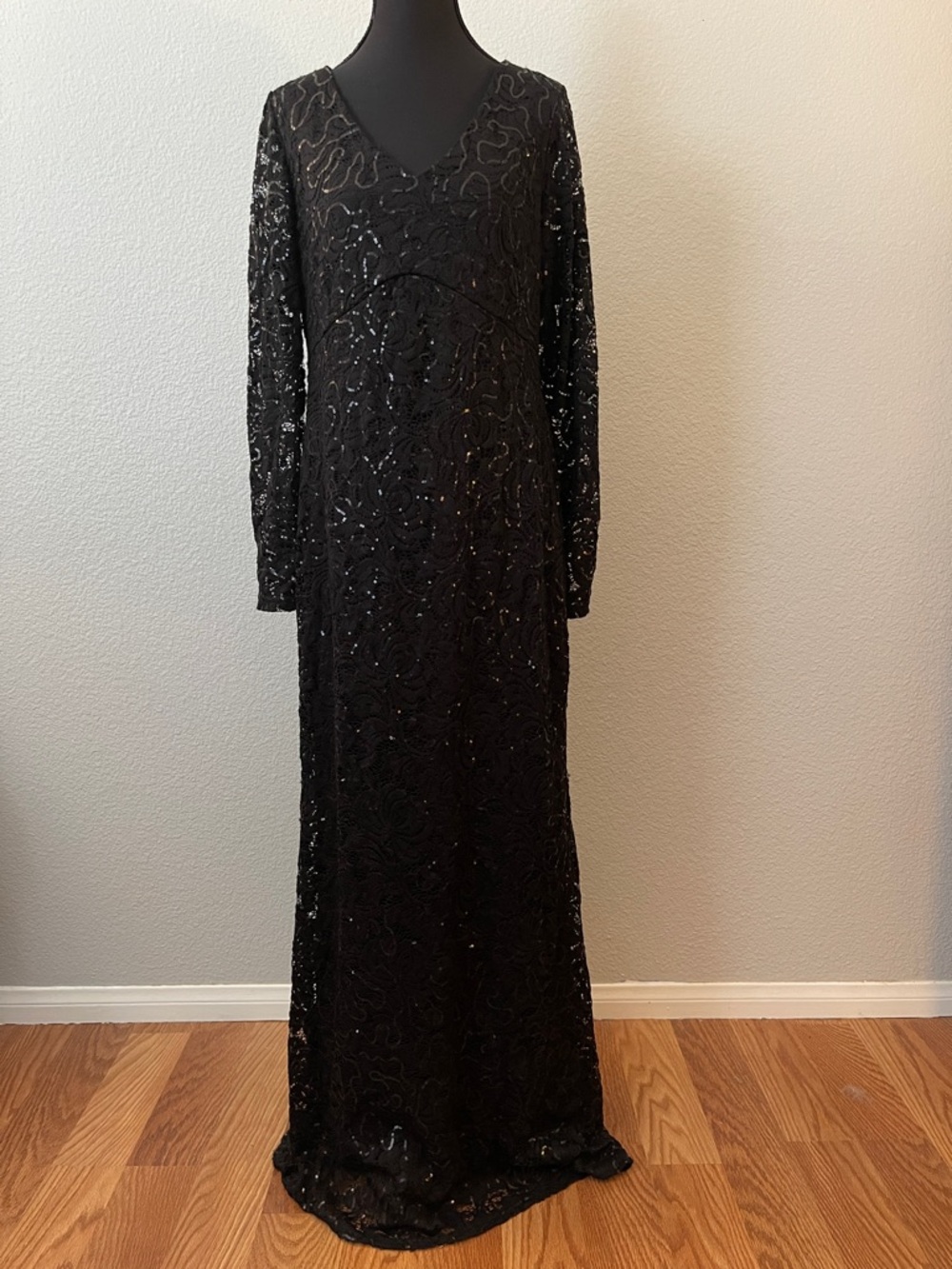 MARINA Black Long-Sleeve Sequin Lace Gown
